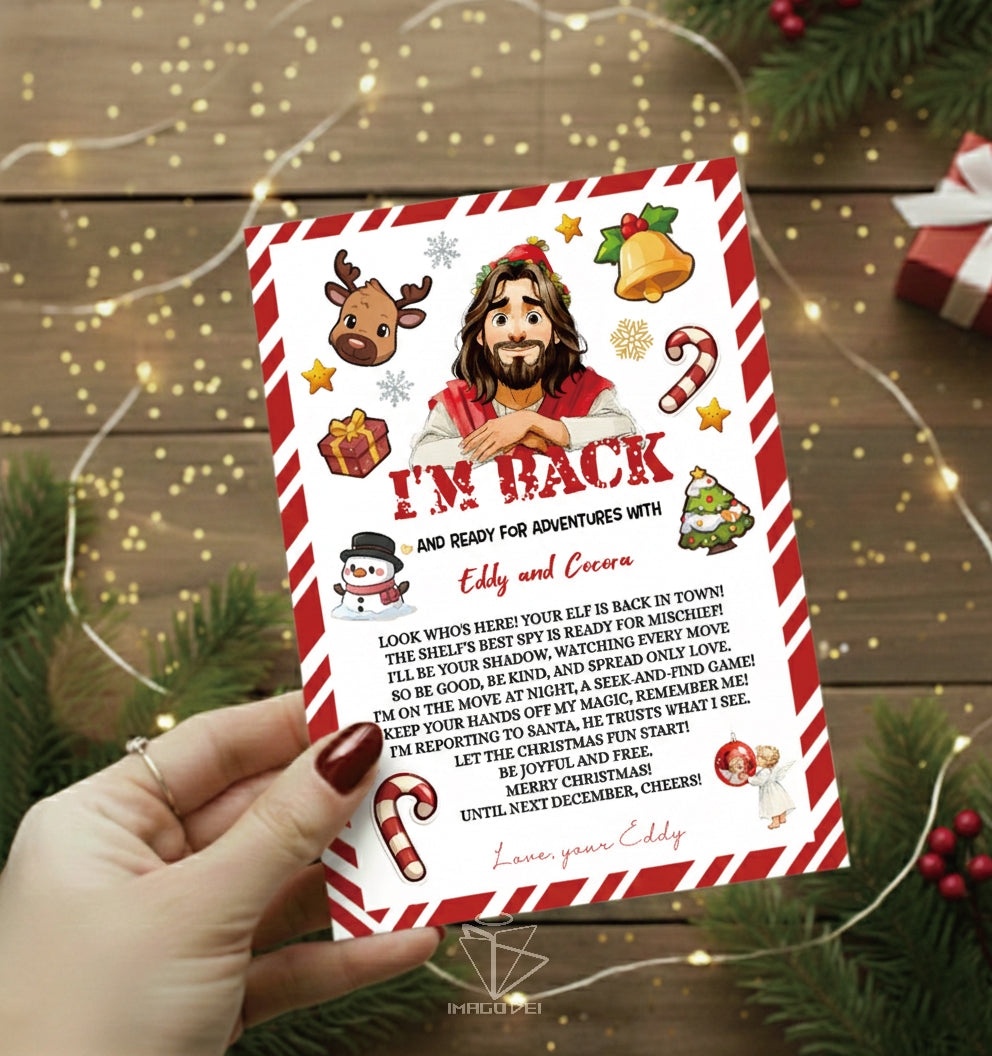 可编辑圣诞贺卡：圣诞老人来信、耶稣、气球和精灵的到来（可打印数字模板 0016）