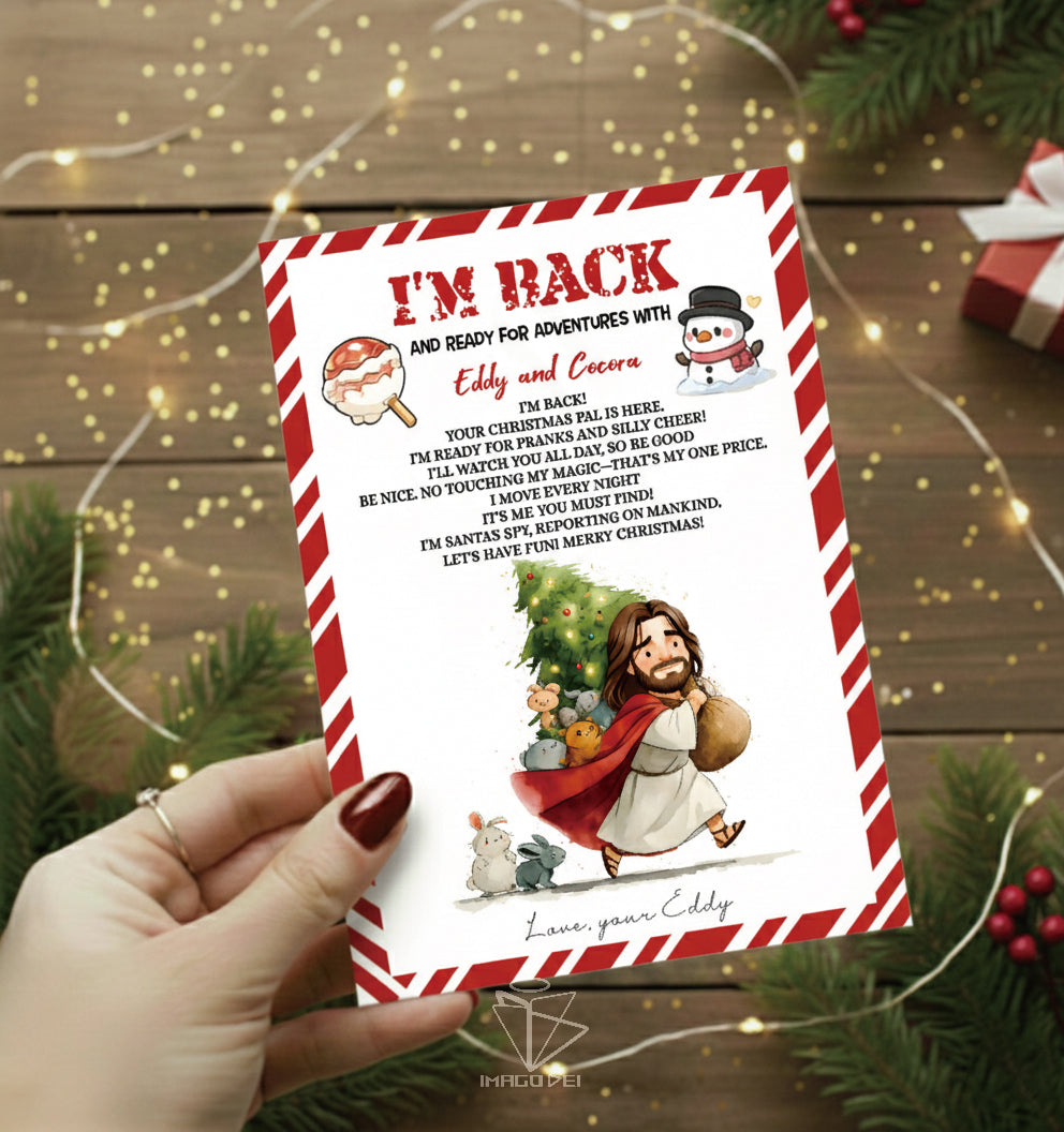 可编辑圣诞贺卡：圣诞老人来信、耶稣、气球和精灵的到来（可打印数字模板 0016）