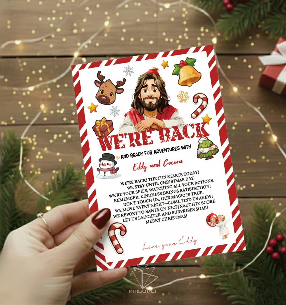 We're Back Letter, Jesus Christian Kids Note, Religious Arrival Card (Printable Digital Template 0008-1)