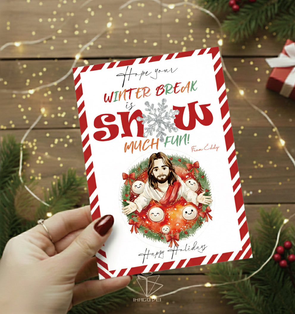 可编辑圣诞贺卡：圣诞老人来信、耶稣、气球和精灵的到来（可打印数字模板 0016）