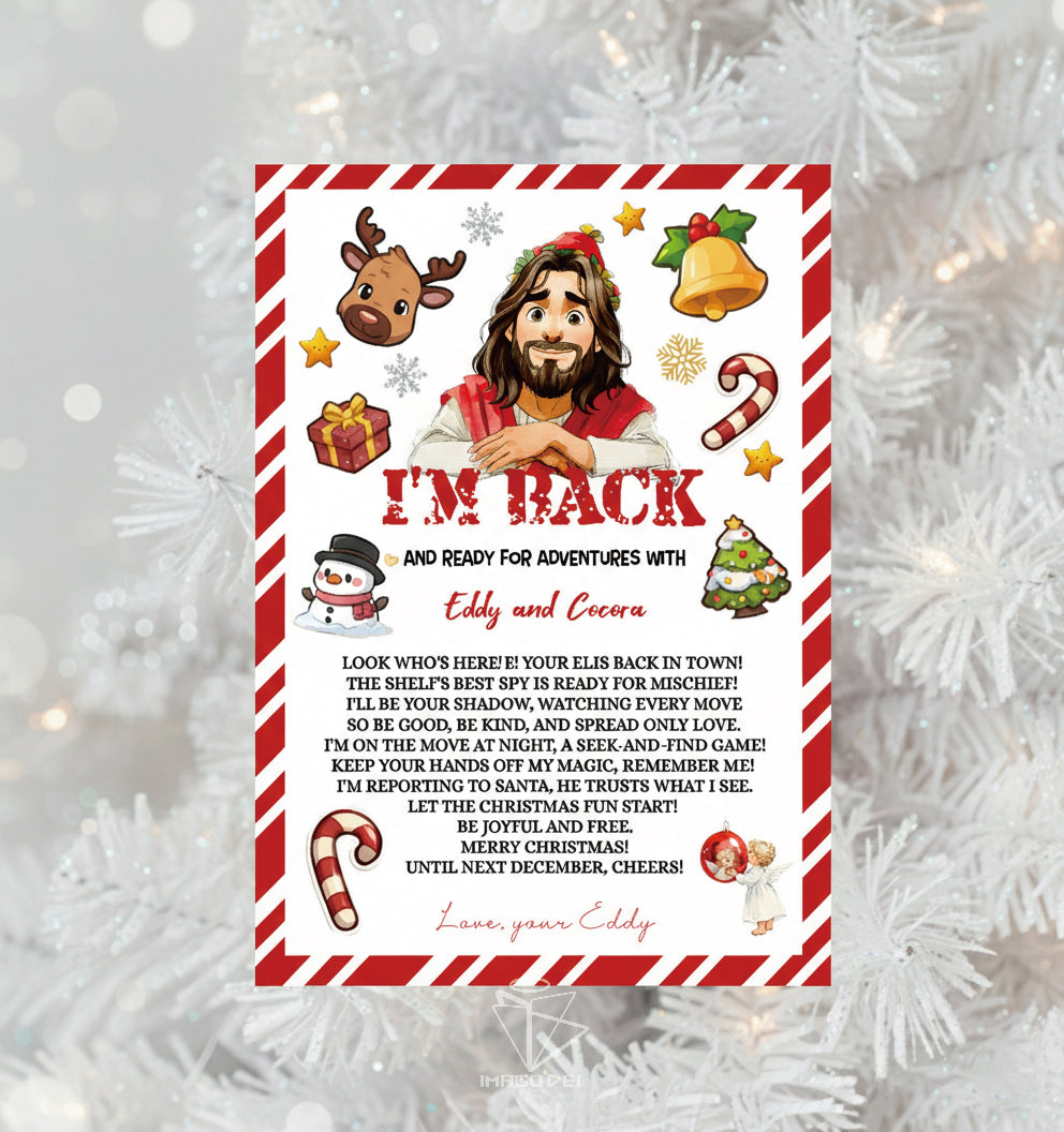 可编辑圣诞贺卡：圣诞老人来信、耶稣、气球和精灵的到来（可打印数字模板 0016）