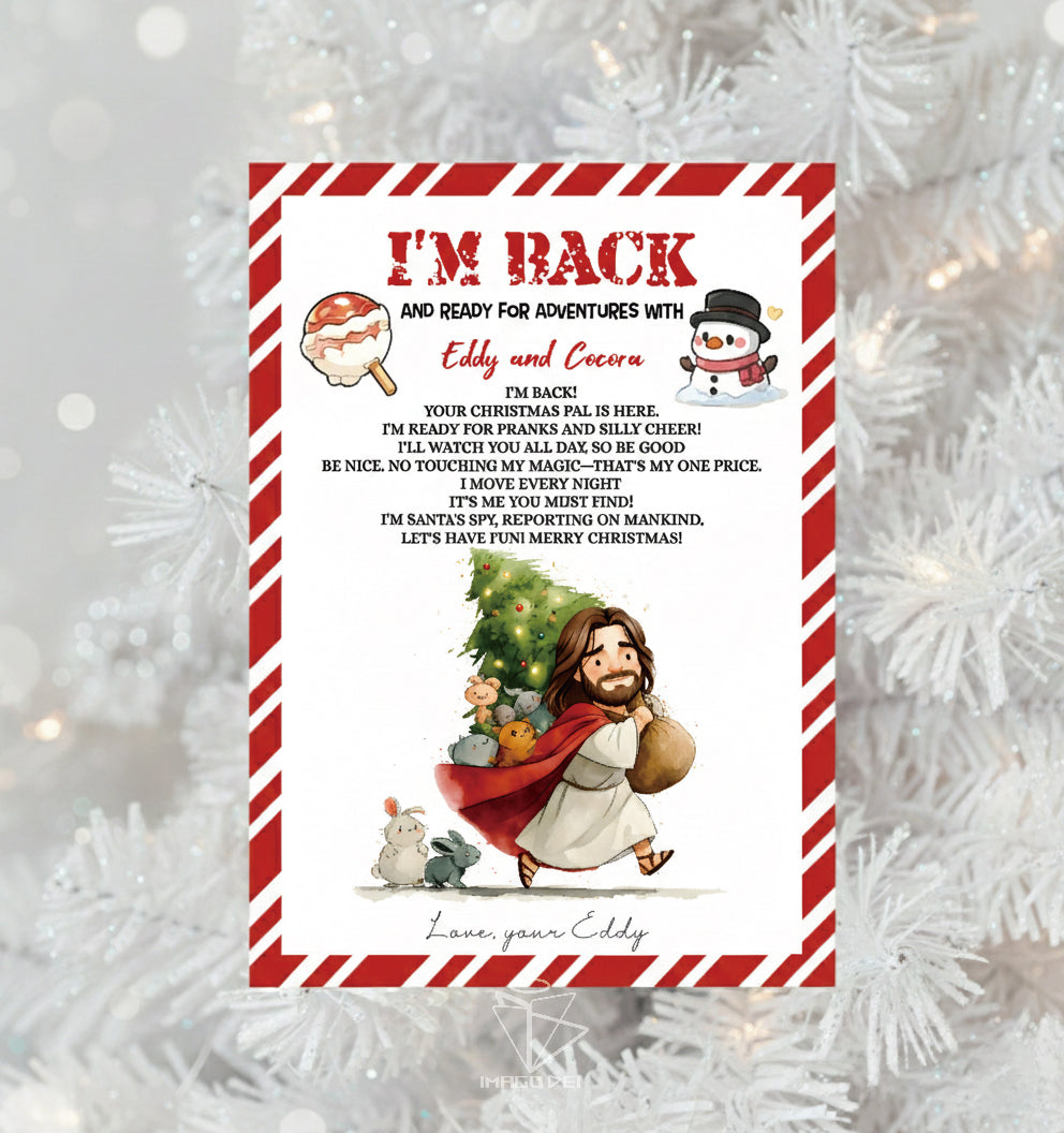 可编辑圣诞贺卡：圣诞老人来信、耶稣、气球和精灵的到来（可打印数字模板 0016）