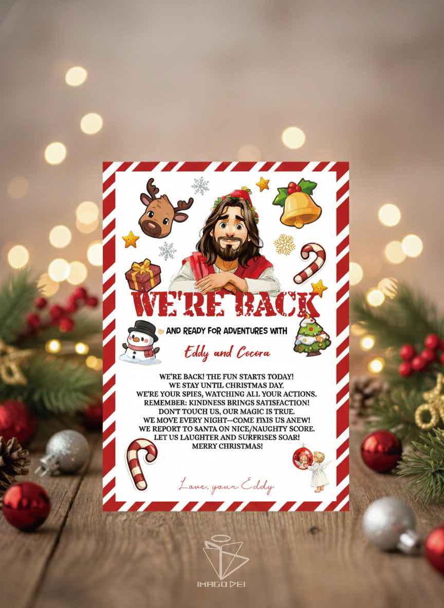 We're Back Letter, Jesus Christian Kids Note, Religious Arrival Card (Printable Digital Template 0008-1)