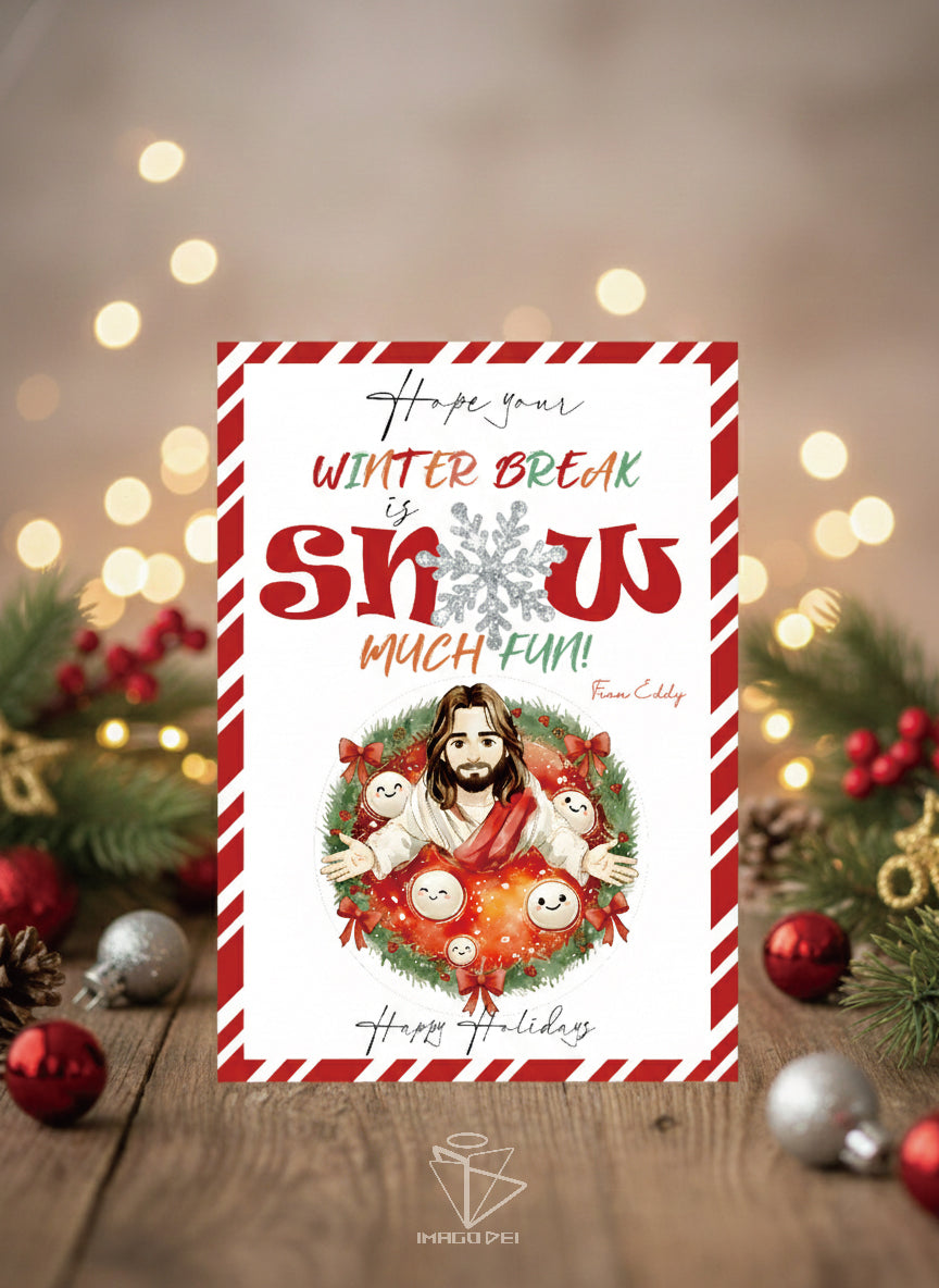 可编辑圣诞贺卡：圣诞老人来信、耶稣、气球和精灵的到来（可打印数字模板 0016）