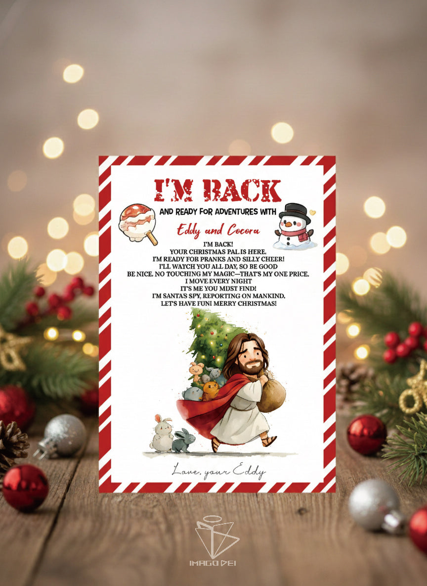 可编辑圣诞贺卡：圣诞老人来信、耶稣、气球和精灵的到来（可打印数字模板 0016）