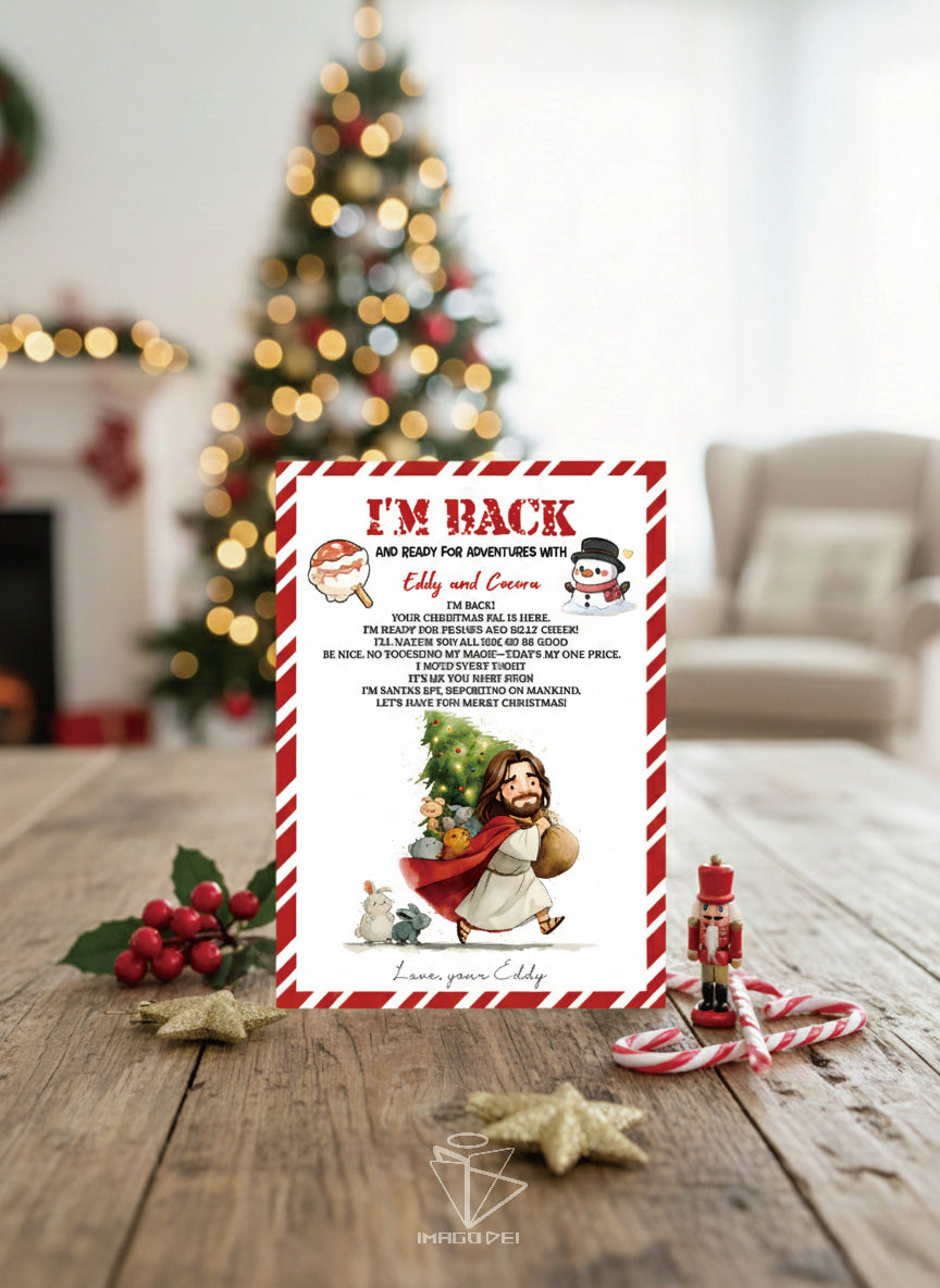 可编辑圣诞贺卡：圣诞老人来信、耶稣、气球和精灵的到来（可打印数字模板 0016）