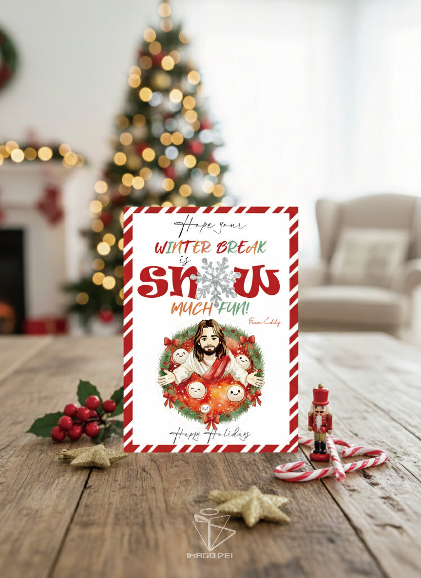 可编辑圣诞贺卡：圣诞老人来信、耶稣、气球和精灵的到来（可打印数字模板 0016）