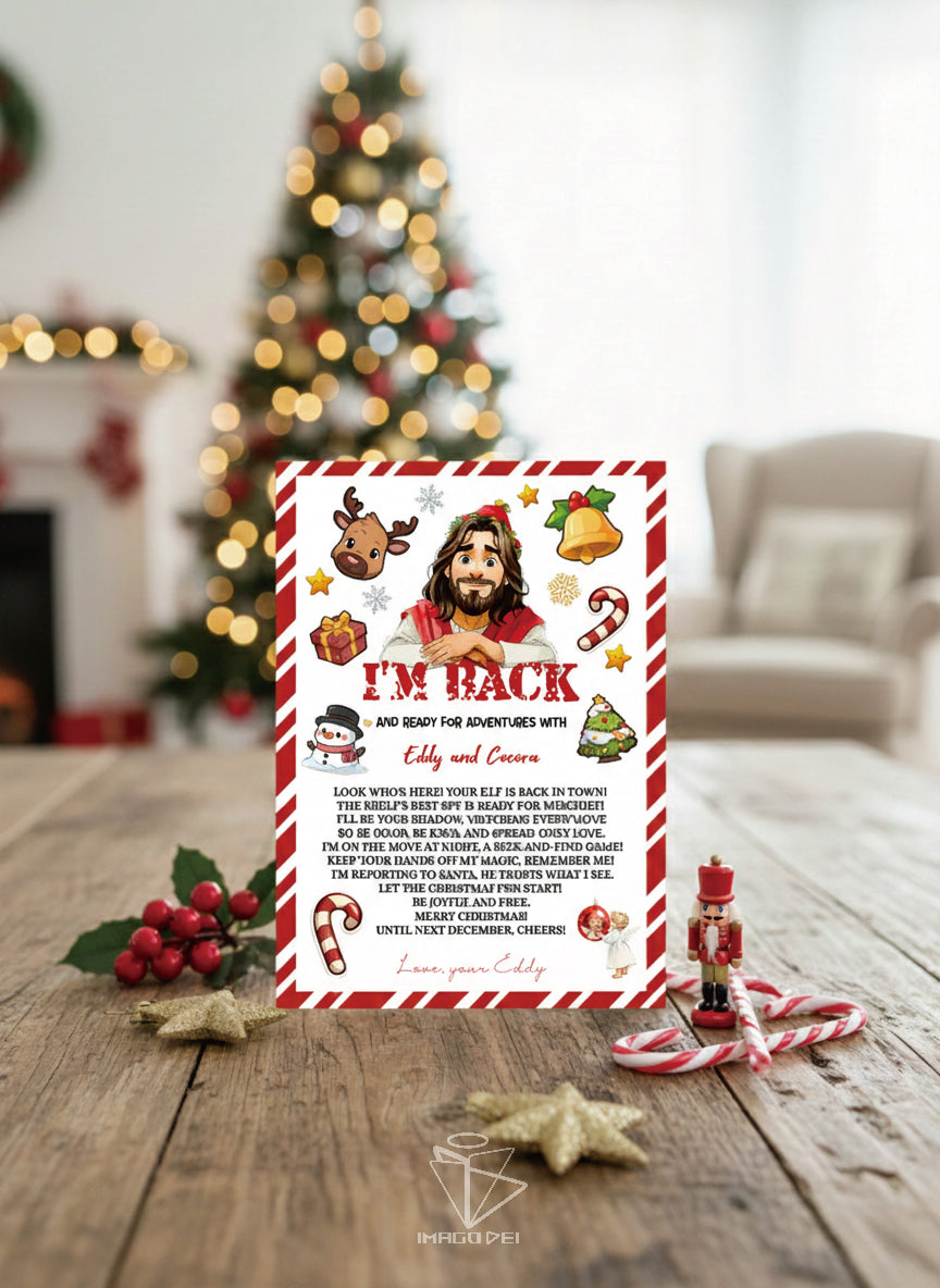 可编辑圣诞贺卡：圣诞老人来信、耶稣、气球和精灵的到来（可打印数字模板 0016）