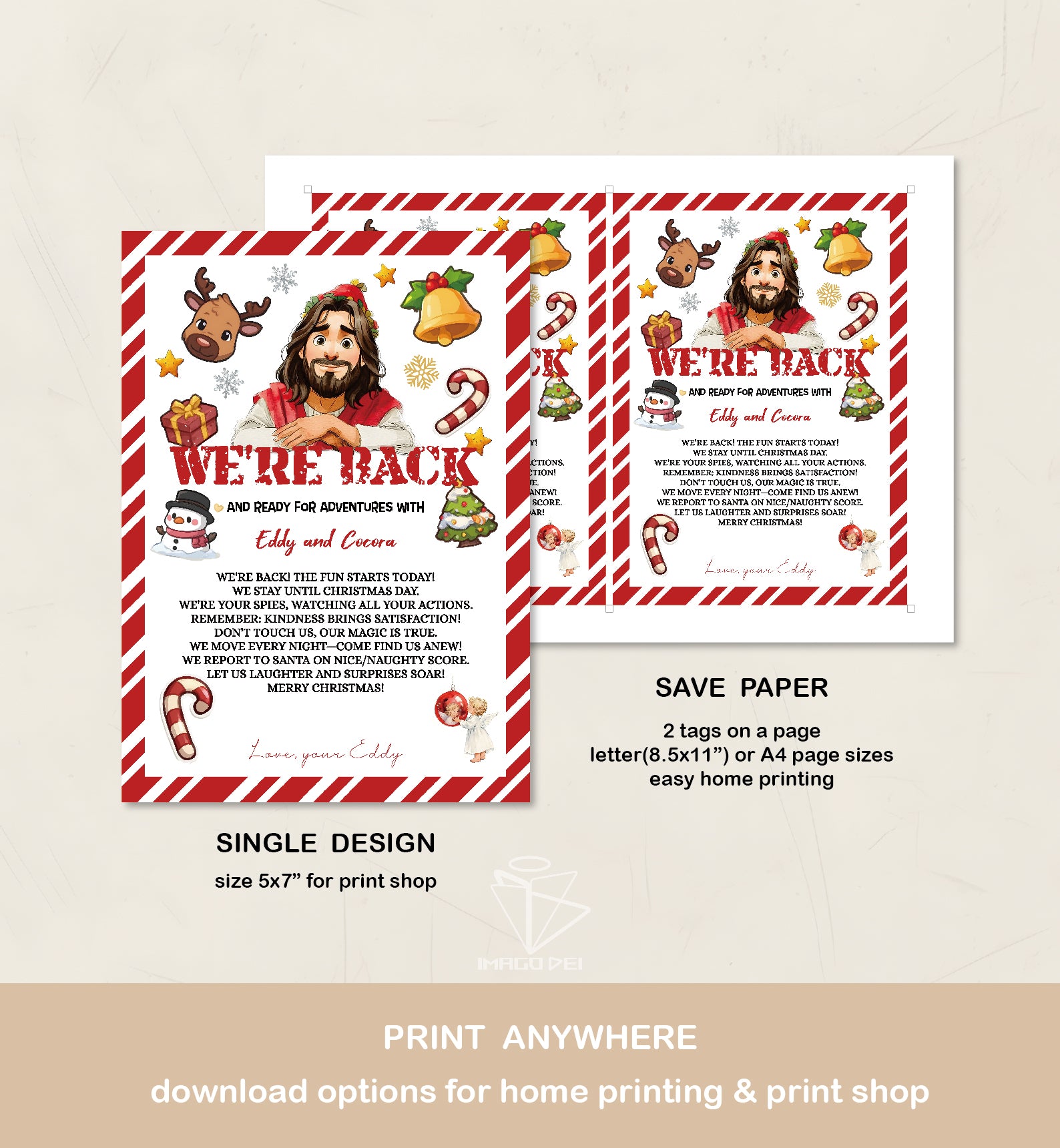 We're Back Letter, Jesus Christian Kids Note, Religious Arrival Card (Printable Digital Template 0008-1)