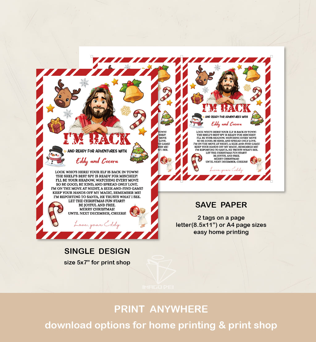 可编辑圣诞贺卡：圣诞老人来信、耶稣、气球和精灵的到来（可打印数字模板 0016）