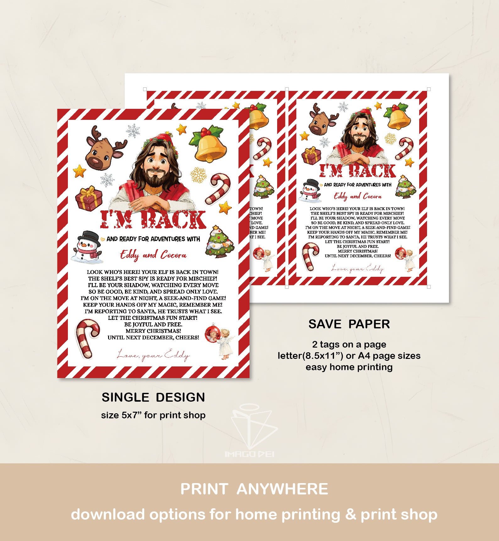 可编辑圣诞贺卡：圣诞老人来信、耶稣、气球和精灵的到来（可打印数字模板 0016）