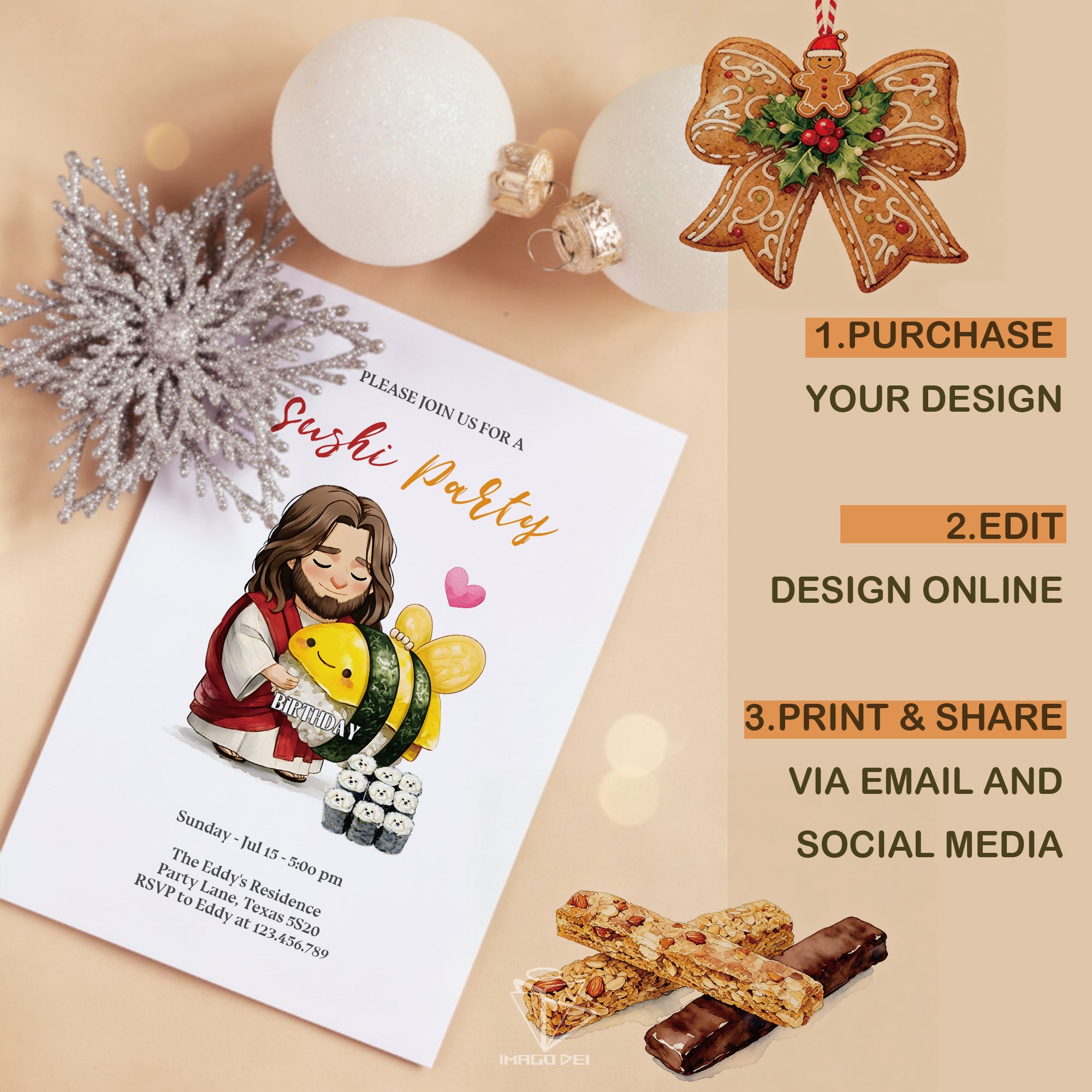 可编辑圣诞贺卡：圣诞老人来信、耶稣、气球和精灵的到来（可打印数字模板 0016）