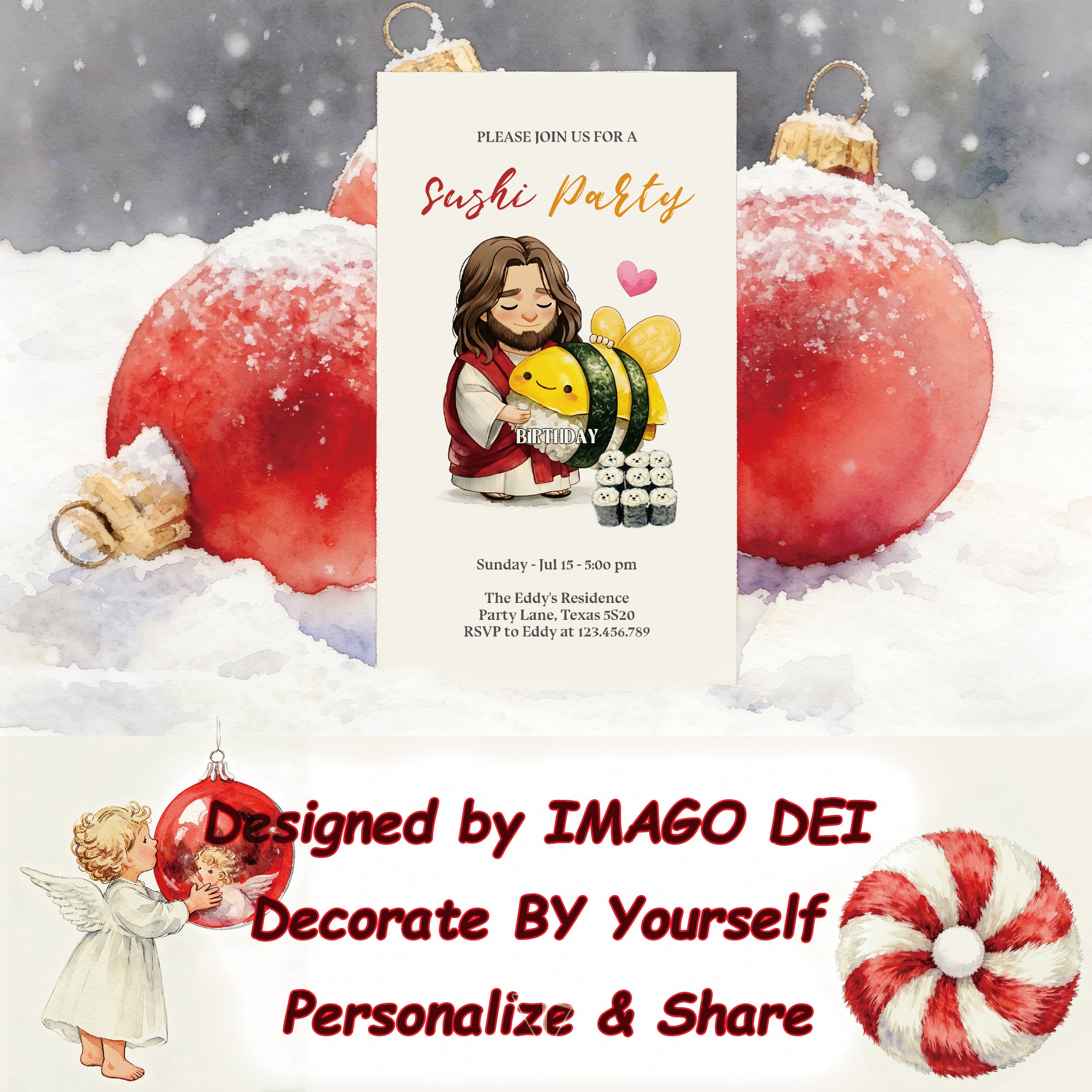 可编辑圣诞贺卡：圣诞老人来信、耶稣、气球和精灵的到来（可打印数字模板 0016）