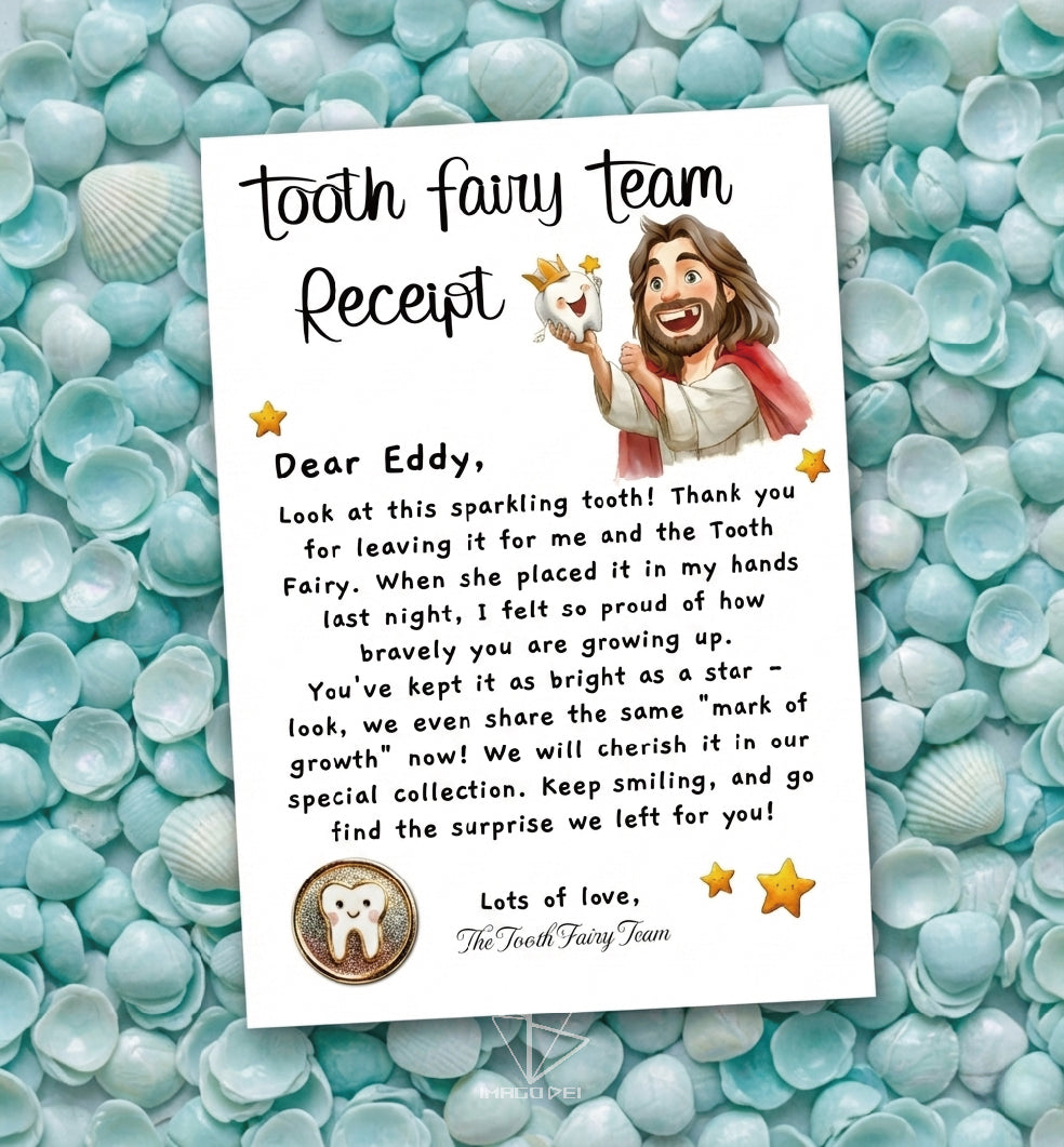 Jesus Tooth Fairy Team Letter, First-Tooth Certificate, Christian Kids Receipt (Printable Digital Template 0024)