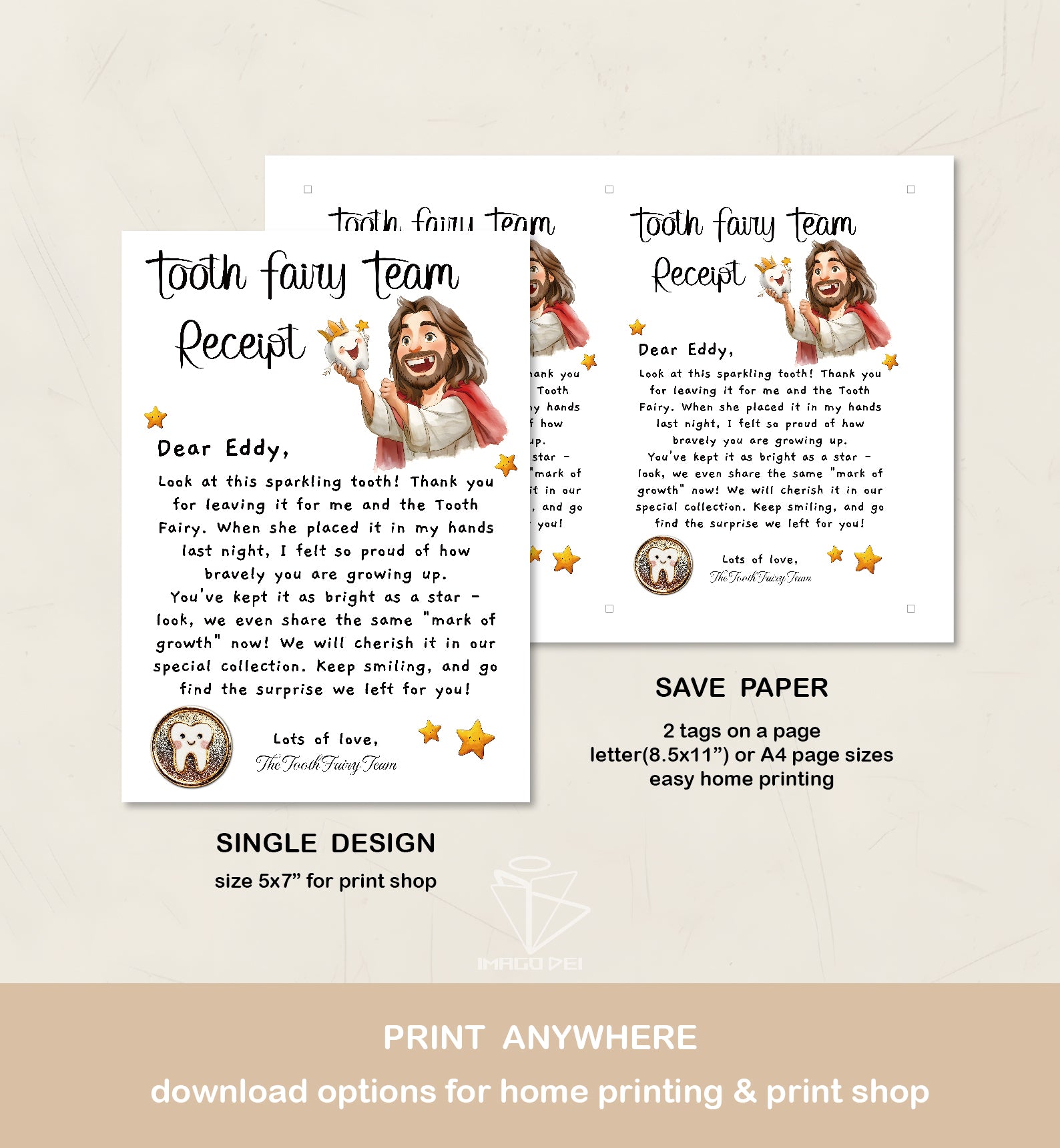 Jesus Tooth Fairy Team Letter, First-Tooth Certificate, Christian Kids Receipt (Printable Digital Template 0024)