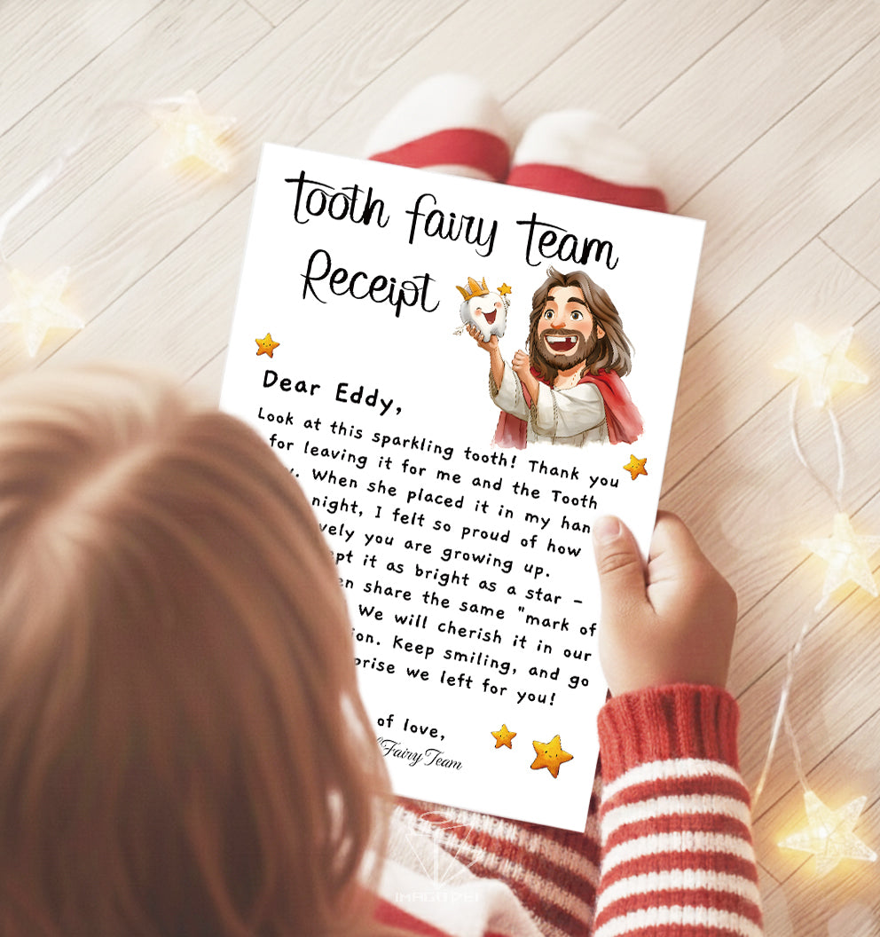 Jesus Tooth Fairy Team Letter, First-Tooth Certificate, Christian Kids Receipt (Printable Digital Template 0024)