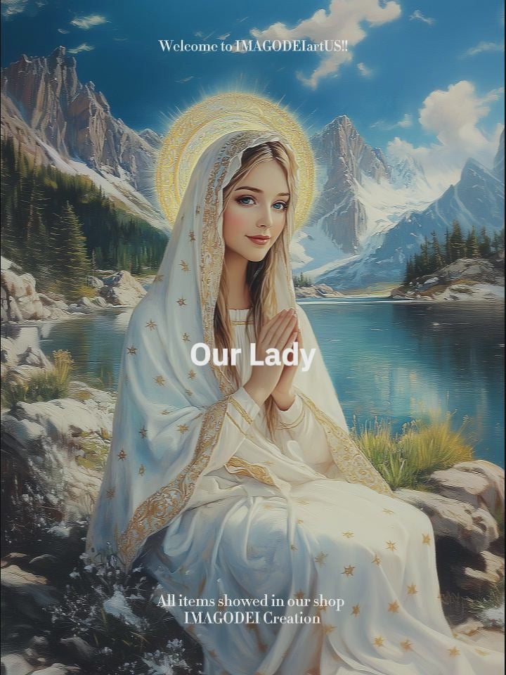 Virgin Mary by Mountain Lake Painting, Catholic Landscape Art, Blessed Mother Poster
