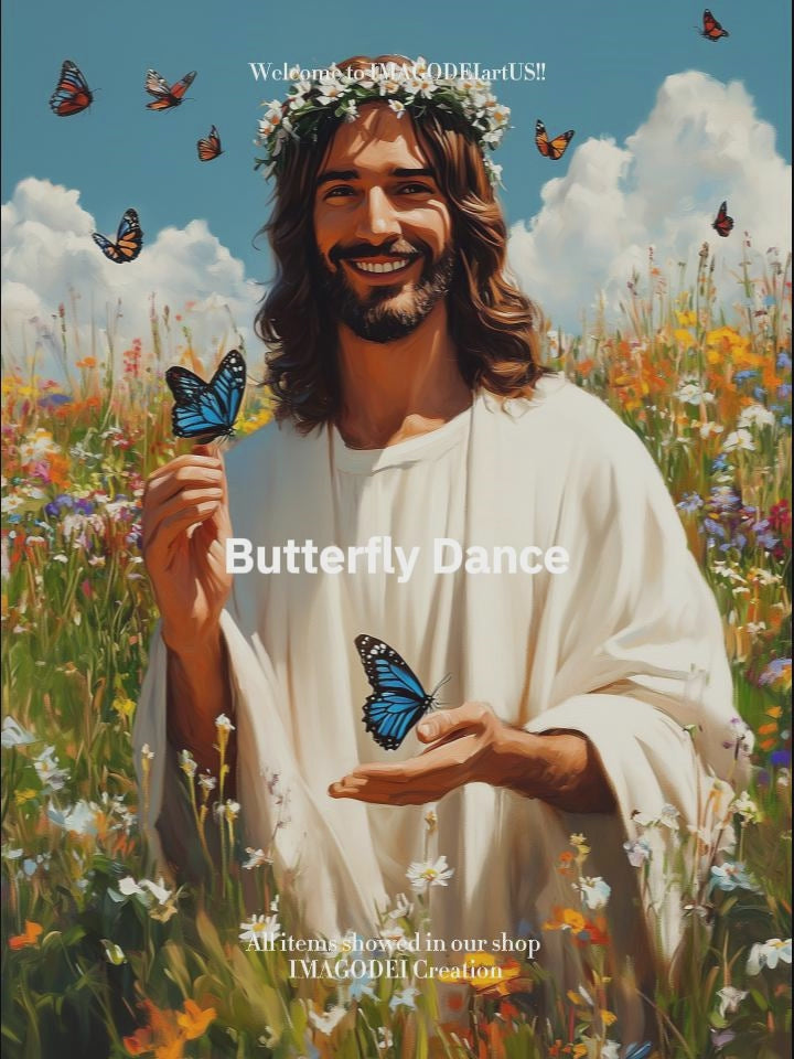 Jesus with Blue Butterflies Art, Smiling Christ Daisy Crown Print, New Life Gift