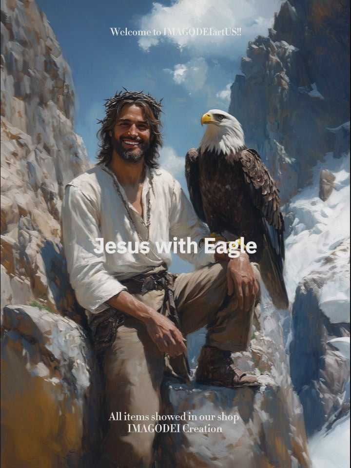 Jesus with Bald Eagle Art, Smiling Christ Mountain Painting, Patriotic Christian Gift