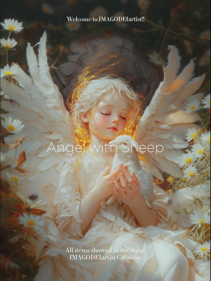 Angel with Lamb Painting, Guardian Angel Nursery Art, Gentle Savior Decor, Catholic Digital Print
