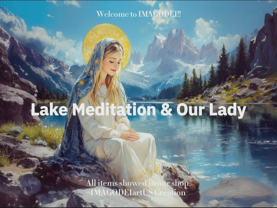Panoramic Virgin Mary Lake Painting, Catholic Mountain Landscape Art, Blessed Mother Print