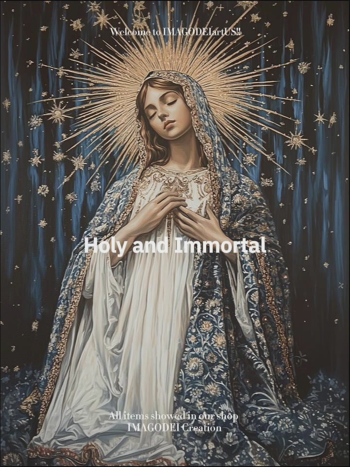 Blessed Mother Mary with Golden Halo Art, Virgin Mary Star of the Sea Print