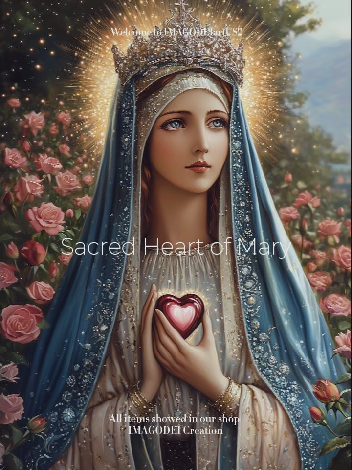 可打印的圣母玛利亚墙饰 | 圣心圣母加冕玫瑰皇后 | 天主教古典装饰