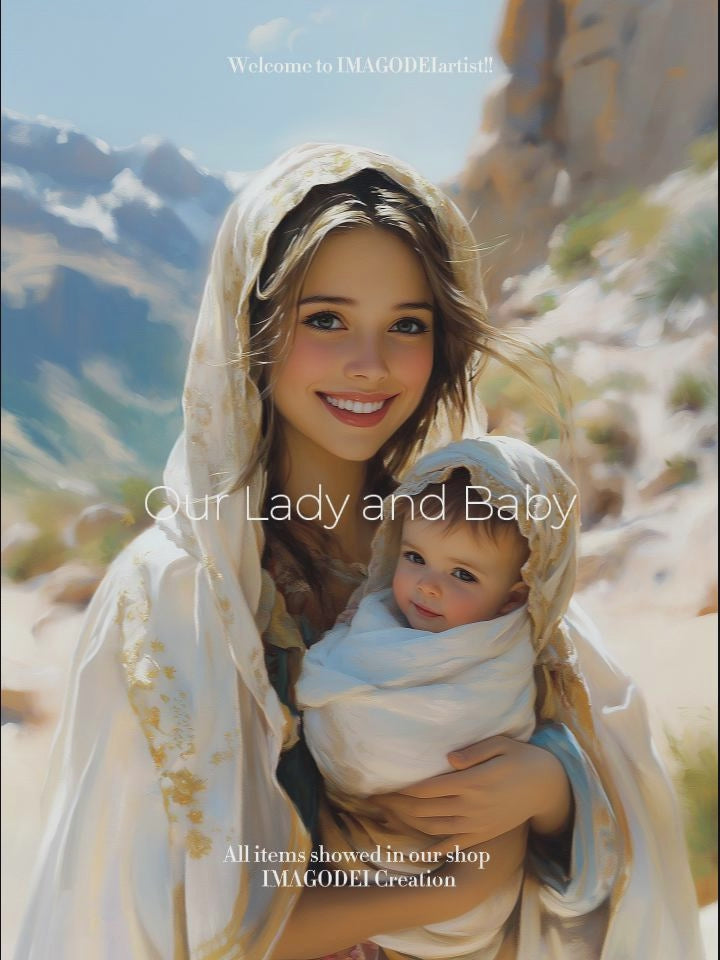 Smiling Virgin Mary with Baby Jesus Art, Catholic Mother Gift, Madonna Digital Print