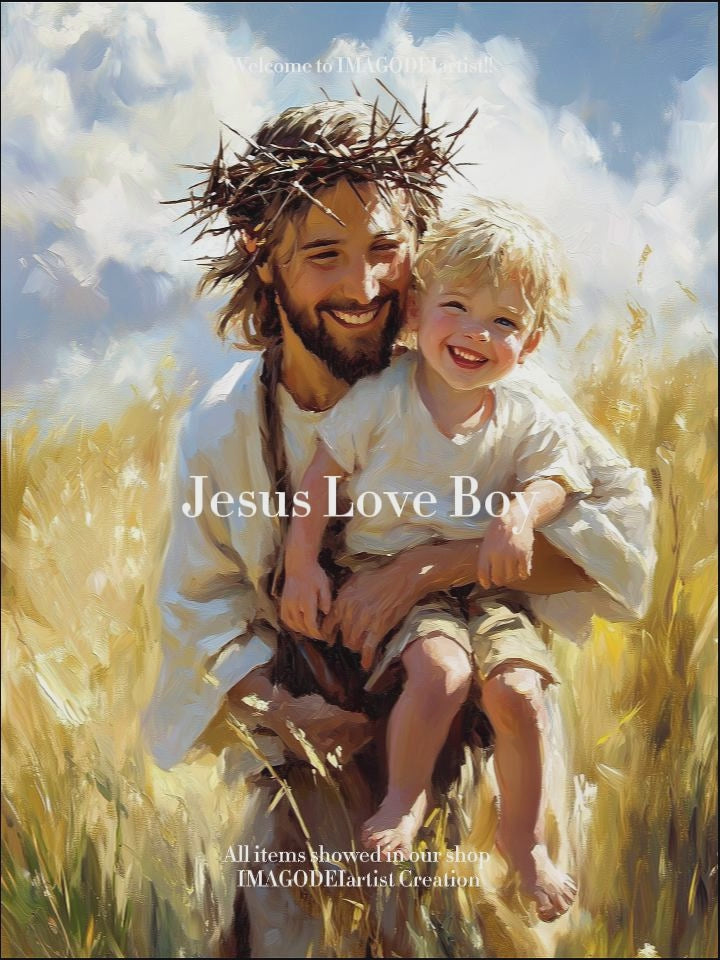 Jesus with Child Painting, Smiling Christ Wall Art, Wheat Field Decor, Christian Nursery Gift