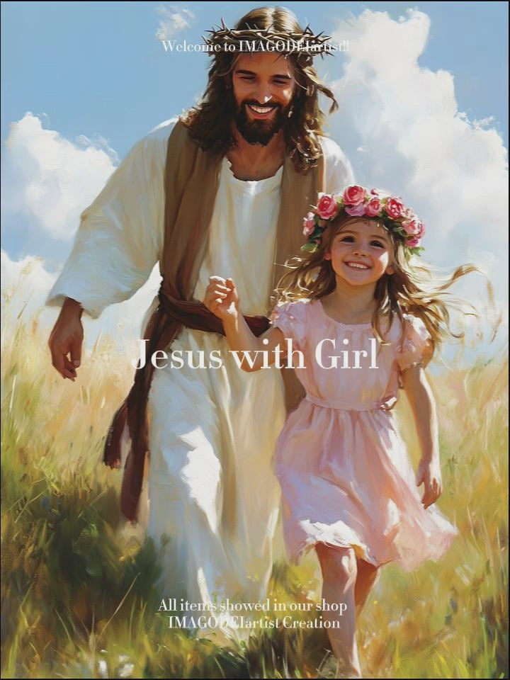 Jesus Walking with Little Girl Art, Smiling Christ Painting, Christian Daughter Gift, Digital Print